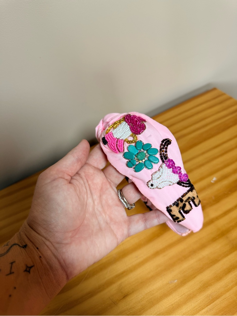 Pink Beaded Kids Headband with Floral and Animal Accents